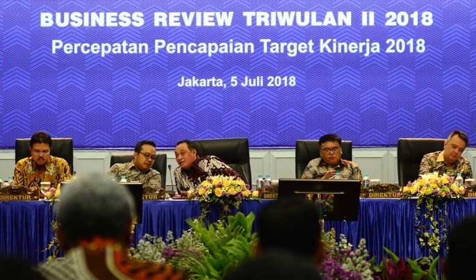 Direktur Utama PT Bank Tabungan Negara (Persero) Tbk. Maryono didampingi jajaran direksi lainnya memaparkan strategi perseroan .Foto/Roni.M/ECONOMICZONE