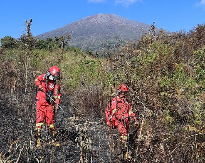  Dua petugas membantu memadamkan api di area TN Gunung Rinjni. (Foto/dok kemenhut/ECONOMICZONE)